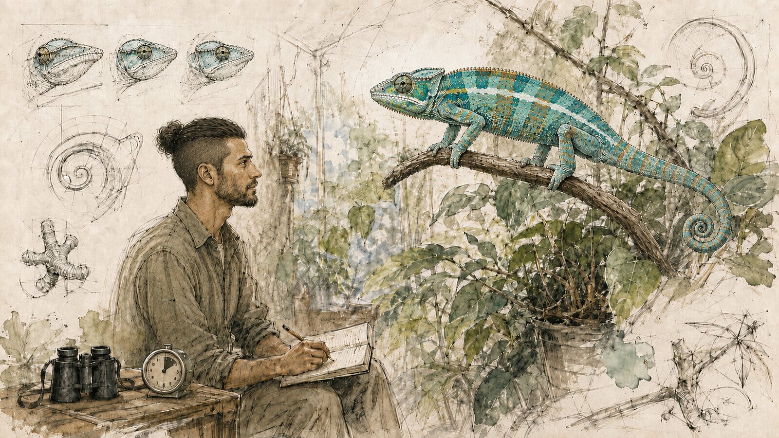 Croquis d’un observateur étudiant attentivement un Furcifer pardalis