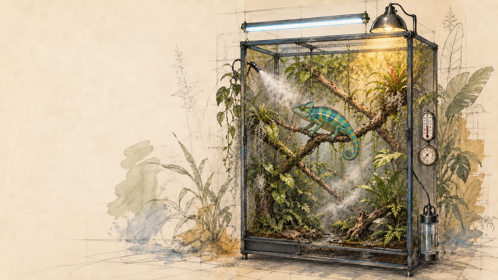 Croquis d’étude d’un environnement de caméléon associant lumière, chaleur et humidité